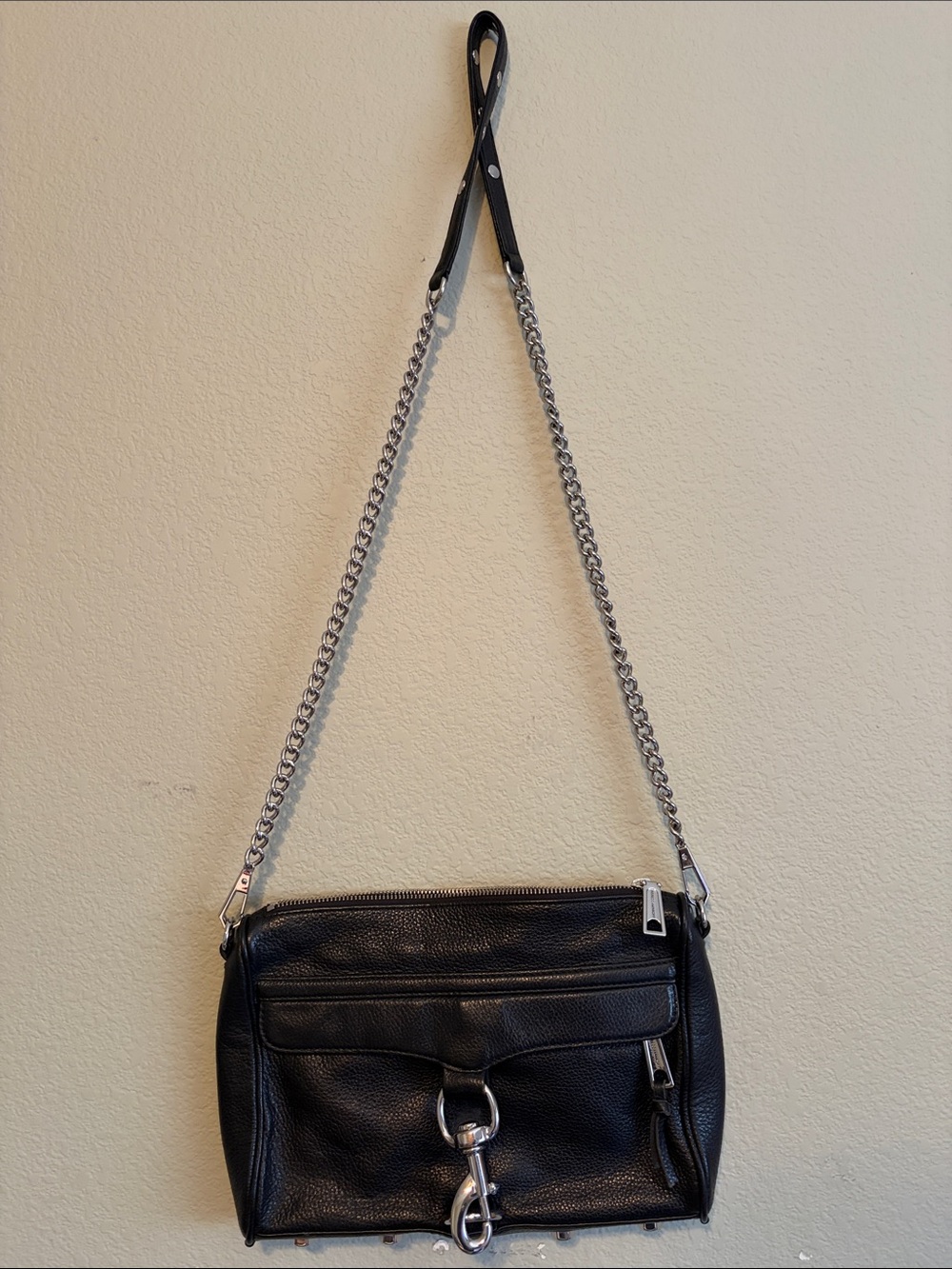 Rebecca Minkoff Black Pebbled Leather Shoulder Bag with Silver Chain